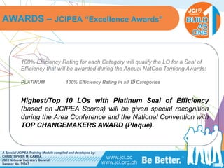 PHILIPPINES
A Special JCIPEA Training Module compiled and developed by:
CHRISTOPHER M. CAMBA
2015 National Secretary General
Senator No. 71347
100% Efficiency Rating for each Category will qualify the LO for a Seal of
Efficiency that will be awarded during the Annual NatCon Temiong Awards:
PLATINUM 100% Efficiency Rating in all 15 Categories
Highest/Top 10 LOs with Platinum Seal of Efficiency
(based on JCIPEA Scores) will be given special recognition
during the Area Conference and the National Convention with
TOP CHANGEMAKERS AWARD (Plaque).
AWARDS – JCIPEA “Excellence Awards”
 