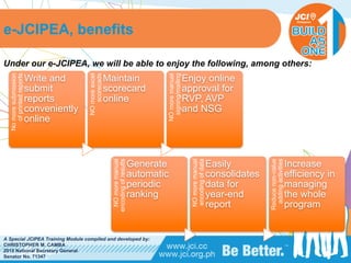 PHILIPPINES
A Special JCIPEA Training Module compiled and developed by:
CHRISTOPHER M. CAMBA
2015 National Secretary General
Senator No. 71347
e-JCIPEA, benefits
Under our e-JCIPEA, we will be able to enjoy the following, among others:
NOmoremanual
encodingofresults
Generate
automatic
periodic
ranking NOmoremanual
encodingofdata
Easily
consolidates
data for
year-end
report
Reducenon-value
addingactivities
Increase
efficiency in
managing
the whole
program
Nomoresubmission
ofprintedreports
Write and
submit
reports
conveniently
online
NOmoreexcel
scorecads
Maintain
scorecard
online
NOmoremanual
signing/mailing
Enjoy online
approval for
RVP, AVP
and NSG
 