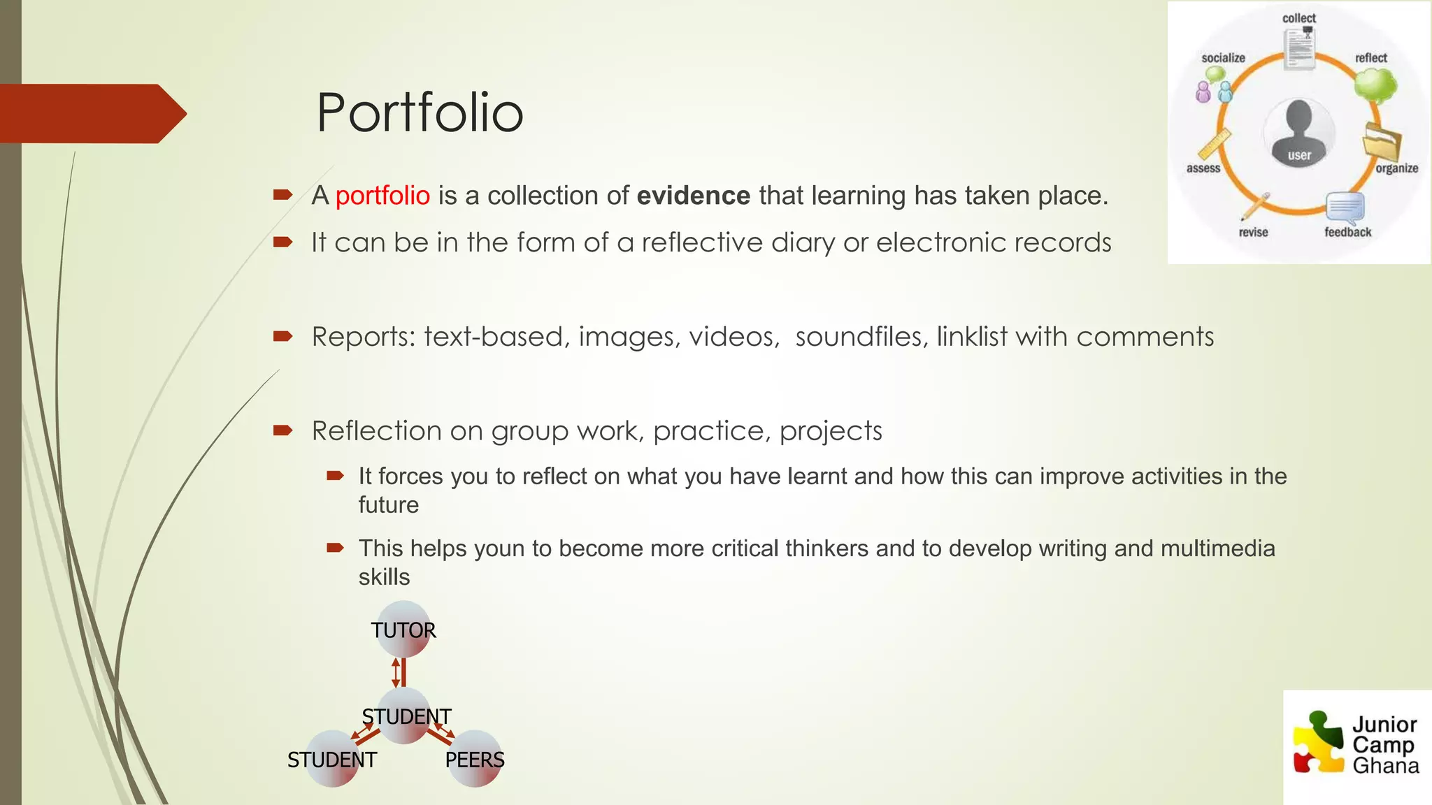 Portfolio
 A portfolio is a collection of evidence that learning has taken place.
 It can be in the form of a reflective diary or electronic records
 Reports: text-based, images, videos, soundfiles, linklist with comments
 Reflection on group work, practice, projects
 It forces you to reflect on what you have learnt and how this can improve activities in the
future
 This helps youn to become more critical thinkers and to develop writing and multimedia
skills
TUTOR
PEERSSTUDENT
STUDENT
 