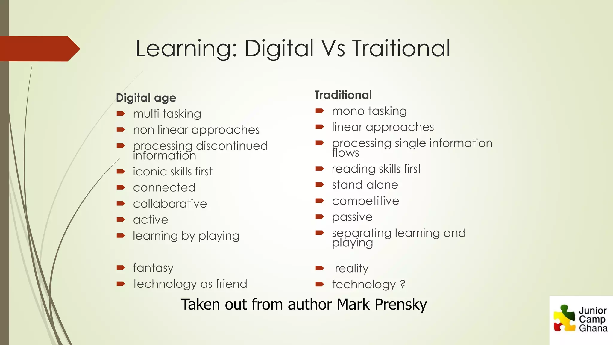 Learning: Digital Vs Traitional
Digital age
 multi tasking
 non linear approaches
 processing discontinued
information
 iconic skills first
 connected
 collaborative
 active
 learning by playing
 fantasy
 technology as friend
Traditional
 mono tasking
 linear approaches
 processing single information
flows
 reading skills first
 stand alone
 competitive
 passive
 separating learning and
playing
 reality
 technology ?
Taken out from author Mark Prensky
 