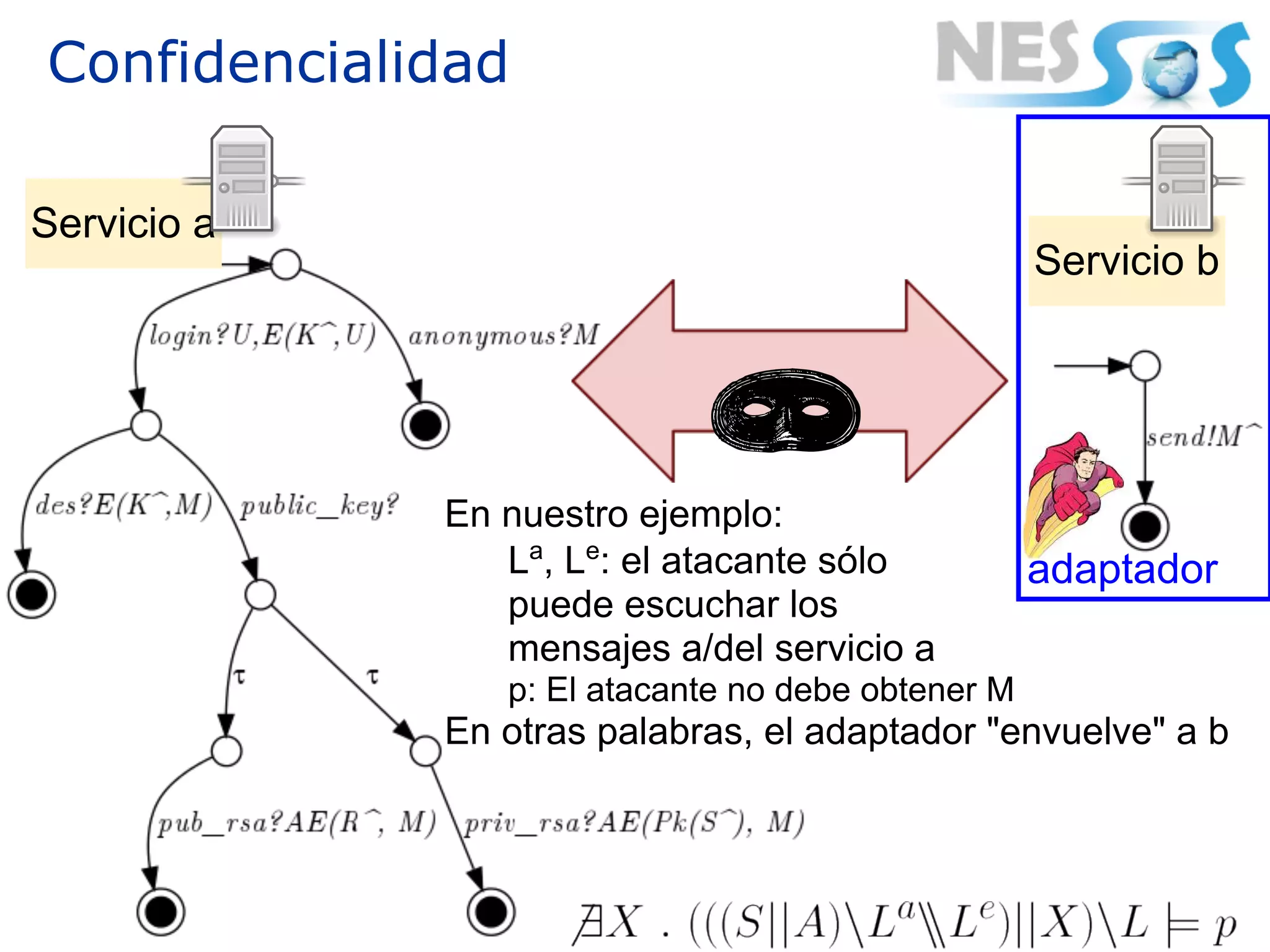 Confidencialidad

Servicio a
                                                   Servicio b




             En nuestro ejemplo:
                La, Le: el atacante sólo           adaptador
                puede escuchar los
                mensajes a/del servicio a
                p: El atacante no debe obtener M
             En otras palabras, el adaptador "envuelve" a b
 