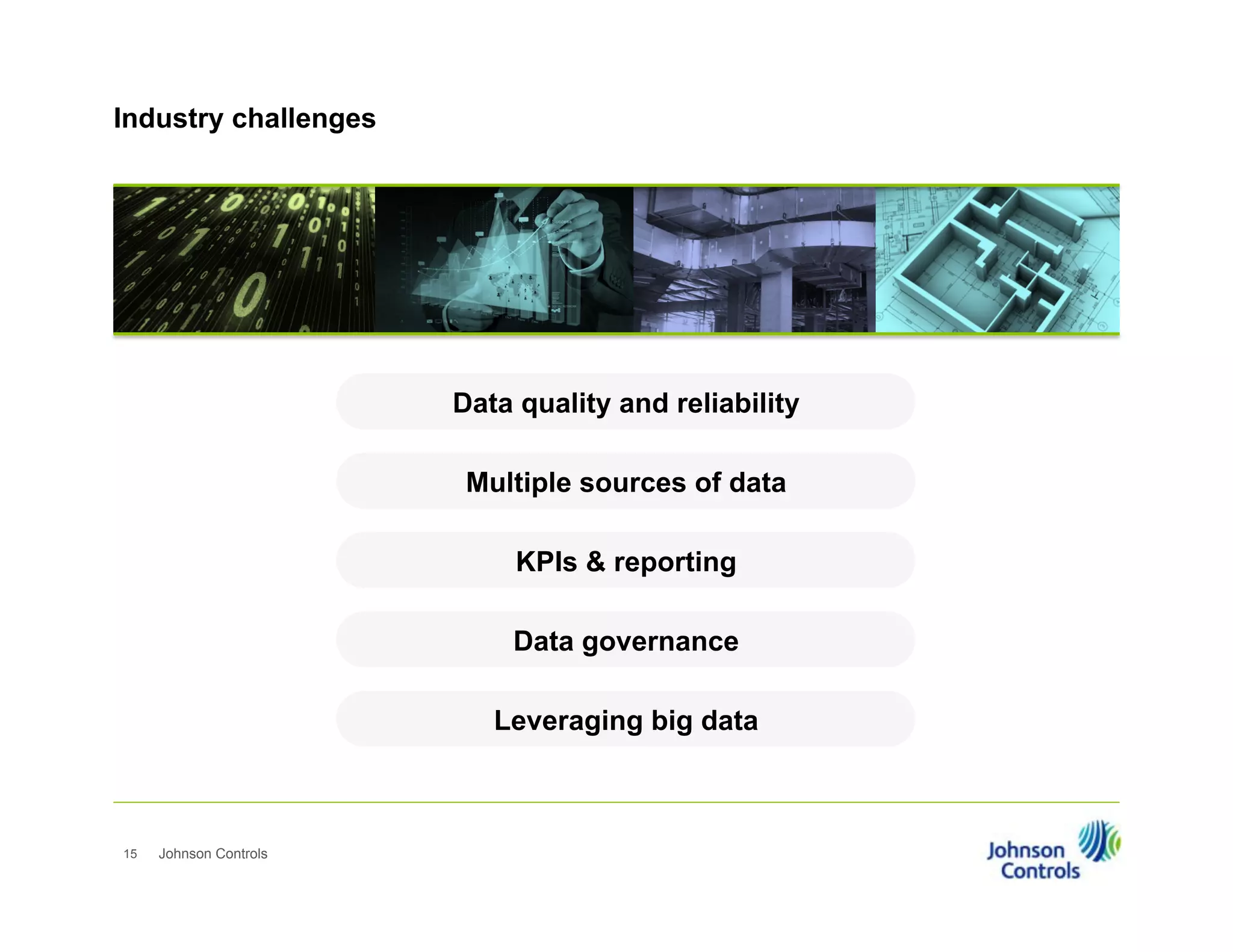 Industry challenges

Data quality and reliability
Multiple sources of data
KPIs & reporting
Data governance
Leveraging big data

15

Johnson Controls

 