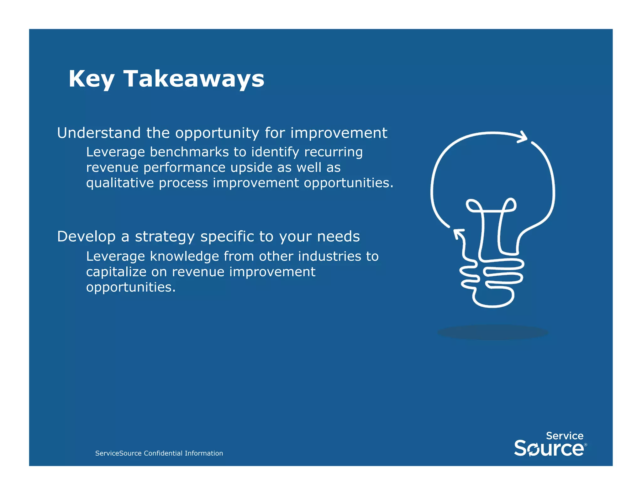 Key Takeaways
Understand the opportunity for improvement
Leverage benchmarks to identify recurring
revenue performance upside as well as
qualitative process improvement opportunities.

Develop a strategy specific to your needs
Leverage knowledge from other industries to
capitalize on revenue improvement
opportunities.

ServiceSource Confidential Information

 