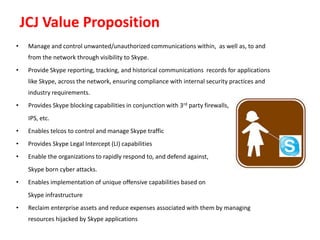 JCJ Value Proposition
• Manage and control unwanted/unauthorized communications within, as well as, to and
from the networ...