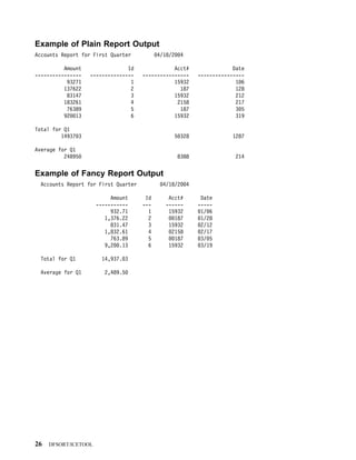 Example of Plain Report Output
Accounts Report for First Quarter           4/18/2    4

          Amount                Id               Acct#                    Date
----------------   ---------------    ----------------        ----------------
           93271                 1               15932                     1 6
          137622                 2                 187                     128
           83147                 3               15932                     212
          183261                 4                2158                     217
           76389                 5                 187                     3 5
          92 13                  6               15932                     319

Total for Q1
         14937 3                                  5 328                   1287

Average for Q1
          24895                                      8388                  214


Example of Fancy Report Output
  Accounts Report for First Quarter           4/18/2      4

                           Amount      Id       Acct#          Date
                      -----------     ---      ------         -----
                           932.71       1       15932          1/ 6
                         1,376.22       2         187          1/28
                           831.47       3       15932          2/12
                         1,832.61       4        2158          2/17
                           763.89       5         187          3/ 5
                         9,2 .13        6       15932          3/19

  Total for Q1          14,937. 3

  Average for Q1         2,489.5




26   DFSORT/ICETOOL
 
