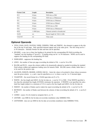 Format Code            Length                Description
      TC3                    8 bytes               TOD time as Z'hh'
      TC4                    8 bytes               TOD time as Z'hhmmssxx'
      TE1                    8 bytes               ETOD time as Z'hhmmss'
      TE2                    8 bytes               ETOD time as Z'hhmm'
      TE3                    8 bytes               ETOD time as Z'hh'
      TE4                    8 bytes               ETOD time as Z'hhmmssxx'
      HEX                    1-1000 bytes          Character printed as hexadecimal
      VLEN                   n/a                   Record length for VLR (1,2,BI)
      VALCNT                 n/a                   Value count



Optional Operands
  TITLE, PAGE, DATE, DATENS, YDDD, YDDDNS, TIME and TIMENS - the elements to appear in the title
  line at the top of each page. Only specified elements appear and in the order given. The title string can be 1
  to 50 characters. Alternate formats for date and time can be specified.
  HEADER - a one, two or three line heading to be printed for the corresponding ON field (overriding the
  "standard" one line heading of "(p,m,f)"). A heading string can be 1 to 50 characters. NONE can be used to
  suppress the heading for the corresponding ON field.
  NOHEADER - suppresses the heading line.
  LINES - the number of lines per page (overriding the default of 58). n can be 10 to 999.
  BLANK and PLUS - causes the column widths to be dynamically adjusted as needed (overriding the standard
  fixed column widths) and suppresses leading zeros for numeric fields. BLANK causes a blank, rather than a +
  to be used for the positive sign.
  ALLDUPS, NODUPS, HIGHER, LOWER, EQUAL - limits the values to be printed to those whose occurences
  meet the given criteria. x, y, and v must be specified as n or +n where n can be 1 to 15 decimal digits.
  VSAMTYPE - the record format for a VSAM input data set (F or V).
  WIDTH - the line length and LRECL for the list data set. n can be 121 to 2048. If the WIDTH specified is
  less than the calculated line length, ICETOOL terminates the operation. If WIDTH is not specified, the calcu-
  lated line length (subject to a minimum of 121) is used as the line length and LRECL for the list data set.
  INDENT - the number of blanks used to indent the report (overriding the default of 0). n can be 0 to 50.
  BETWEEN - the number of blanks used between the columns of data (overriding the default of 3). n can be 0
  to 50.
  UZERO - causes -0 to be treated as unsigned, that is, as +0.
  LISTSDB - uses SDB for the list data set (overrides installation value SDBMSG=NO).
  LISTNOSDB - does not use SDB for the list data set (overrides installation value SDBMSG=YES).




                                                                                      ICETOOL Mini-User Guide   31
 
