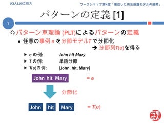 パターンの定義 [1]パターン束理論 (PLT)によるパターンの定義任意の事例 eを分節モデルTで分節化 分節列T(e)を得るeの例: 	John hit Mary.Tの例:	単語分節T(e)の例: 	[John, hit, Mary]7JCLA11@立教大John hahitMary= eJohn分節化= T(e)hitMaryJohn