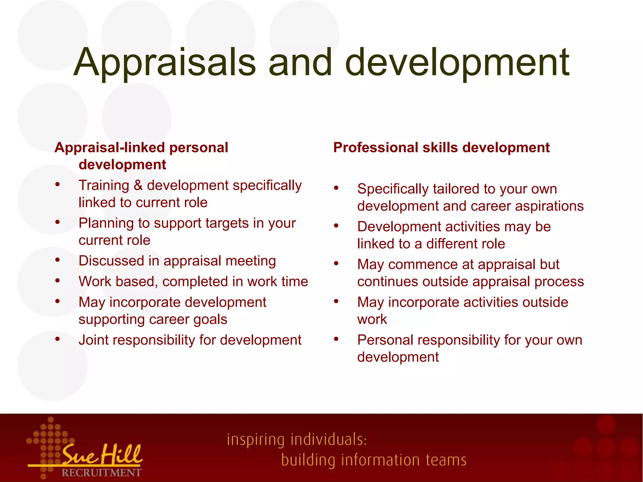 Appraisals and development
Appraisal-linked personal                Professional skills development
   development
• Training & development specifically    •   Specifically tailored to your own
   linked to current role                    development and career aspirations
• Planning to support targets in your    •   Development activities may be
   current role                              linked to a different role
• Discussed in appraisal meeting         •   May commence at appraisal but
• Work based, completed in work time         continues outside appraisal process
• May incorporate development            •   May incorporate activities outside
   supporting career goals                   work
• Joint responsibility for development   •   Personal responsibility for your own
                                             development
 