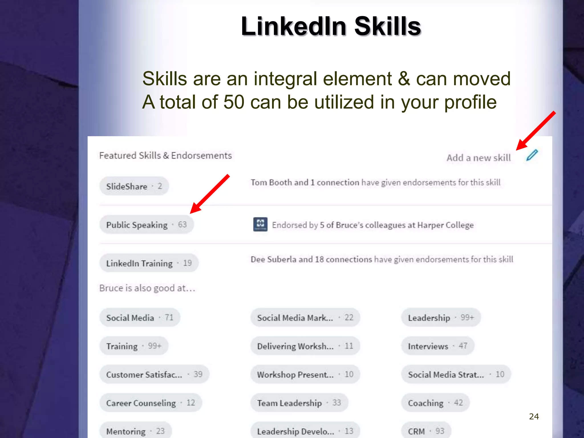 LinkedIn Skills
Skills are an integral element & can moved
A total of 50 can be utilized in your profile
24
 