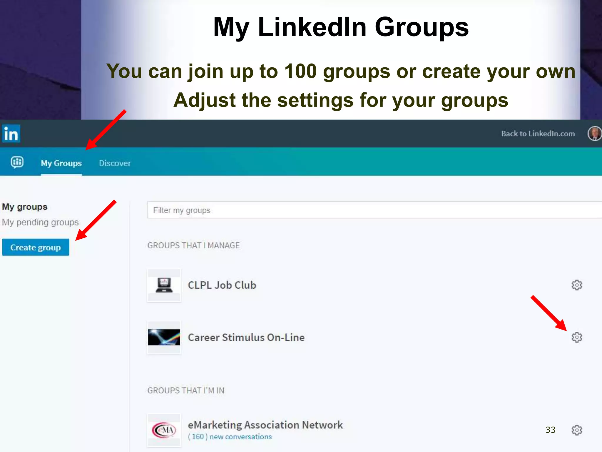 My LinkedIn Groups
You can join up to 100 groups or create your own
Adjust the settings for your groups
33
 