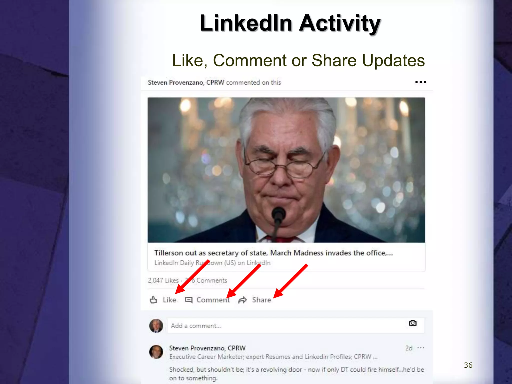 LinkedIn Activity
Like, Comment or Share Updates
36
 