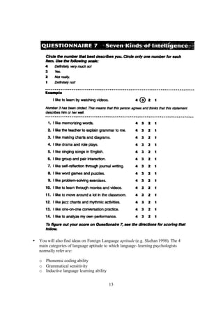 13
• You will also find ideas on Foreign Language aptitude (e.g. Skehan1998). The 4
main categories of language aptitude to which language-learning psychologists
normally refer are:
o Phonemic coding ability
o Grammatical sensitivity
o Inductive language learning ability
 