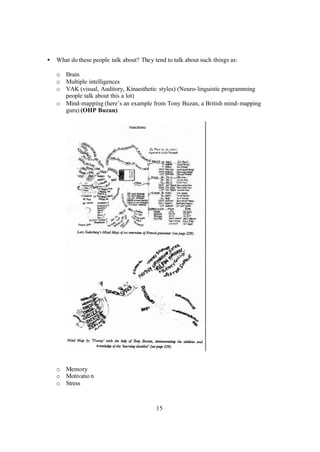 15
• What do these people talk about? They tend to talk about such things as:
o Brain
o Multiple intelligences
o VAK (visual, Auditory, Kinaesthetic styles) (Neuro-linguistic programming
people talk about this a lot)
o Mind-mapping (here’s an example from Tony Buzan, a British mind-mapping
guru) (OHP Buzan)
o Memory
o Motivatio n
o Stress
 