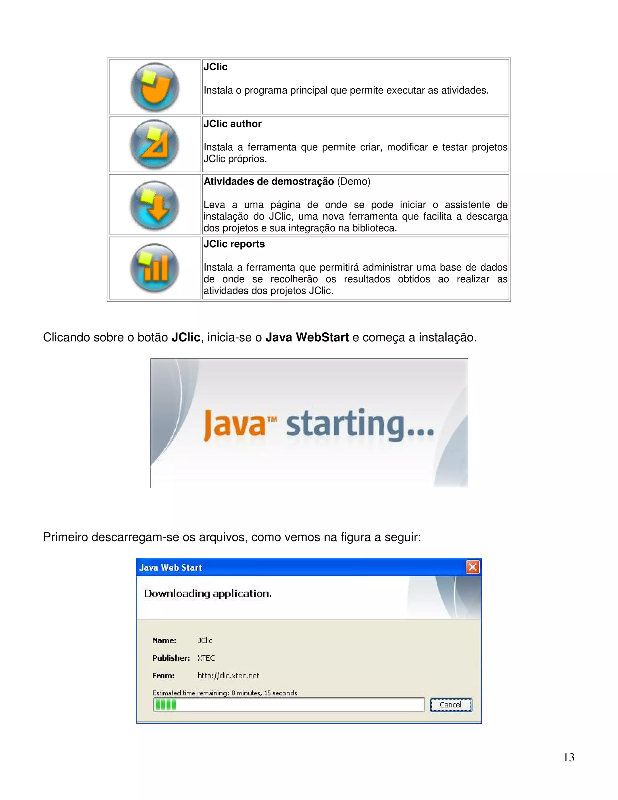 13 
JClic 
Instala o programa principal que permite executar as atividades. 
JClic author 
Instala a ferramenta que permite criar, modificar e testar projetos 
JClic próprios. 
Atividades de demostração (Demo) 
Leva a uma página de onde se pode iniciar o assistente de 
instalação do JClic, uma nova ferramenta que facilita a descarga 
dos projetos e sua integração na biblioteca. 
JClic reports 
Instala a ferramenta que permitirá administrar uma base de dados 
de onde se recolherão os resultados obtidos ao realizar as 
atividades dos projetos JClic. 
Clicando sobre o botão JClic, inicia-se o Java WebStart e começa a instalação. 
Primeiro descarregam-se os arquivos, como vemos na figura a seguir: 
 