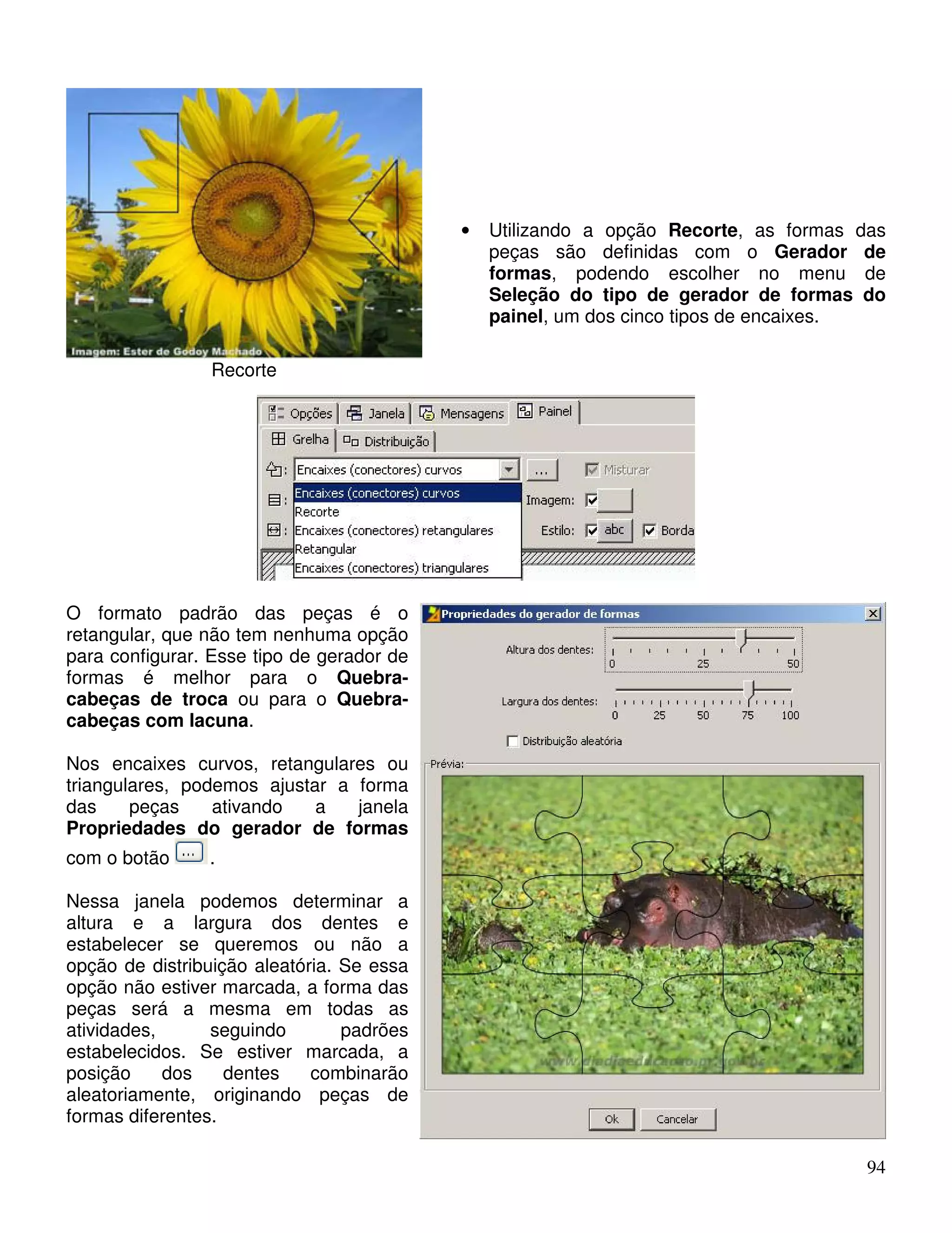 • Utilizando a opção Recorte, as formas das 
peças são definidas com o Gerador de 
formas, podendo escolher no menu de 
Seleção do tipo de gerador de formas do 
painel, um dos cinco tipos de encaixes. 
94 
Recorte 
O formato padrão das peças é o 
retangular, que não tem nenhuma opção 
para configurar. Esse tipo de gerador de 
formas é melhor para o Quebra-cabeças 
de troca ou para o Quebra-cabeças 
com lacuna. 
Nos encaixes curvos, retangulares ou 
triangulares, podemos ajustar a forma 
das peças ativando a janela 
Propriedades do gerador de formas 
com o botão . 
Nessa janela podemos determinar a 
altura e a largura dos dentes e 
estabelecer se queremos ou não a 
opção de distribuição aleatória. Se essa 
opção não estiver marcada, a forma das 
peças será a mesma em todas as 
atividades, seguindo padrões 
estabelecidos. Se estiver marcada, a 
posição dos dentes combinarão 
aleatoriamente, originando peças de 
formas diferentes. 
 
