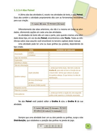 55
1.3.3.4 Aba Painel
A última aba das atividades é, exceto nas atividades de texto, a aba Painel.
Essa aba contém a atividade propriamente dita com as ferramentas necessárias
para sua criação.
Diferentemente das abas anteriores, ela não é a mesma em todas as ativi-
dades, oferecendo opções em cada uma das atividades.
As atividades de texto são um caso a parte, pois quando criamos uma ativi-
dade desse tipo, em vez da aba Painel, encontramos a aba Texto. Todas as refe-
rências sobre esse assunto você encontrará no terceiro capítulo deste manual.
Uma atividade pode ter uma ou duas grelhas (ou grades), dependendo do
tipo criado.
TIPO NÚMERO DE GRELHAS
Associação
simples 2
complexa 2
Jogo da memória 1
Explorador 2
Identificar células 1
Tela de informação 1
Quebra-cabeça
duplo (double)
1, ainda que tenha duas, não tem a aba da
Grelha B, pois este só tem a função de ser
o local onde temos que colocar as peças
do quebra-cabeça. O que temos é a aba de
distribuição.
de troca (Exchange
puzzle)
1
de lacuna (Holle puzzle) 1
Resposta escrita 2
Palavras cruzadas 2
Cata-palavras
1, ainda que tenha a opção de uma segunda
grelha onde aparece o conteúdo associado.
Na aba Painel você poderá editar a Grelha A e/ou a Grelha B da sua
atividade.
Sempre que uma atividade tiver um ou dois painéis ou grelhas, surge a aba
Distribuição, que estabelece a posição das grelhas na janela de jogo.
 