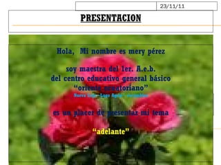Hola,  Mi nombre es mery pérez soy maestra del 1er. A.e.b. del centro educativo general básico “oriente ecuatoriano” Nueva Loja –Lago Agrio - sucumbios es un placer de presentar mi tema   “adelante” PRESENTACION 