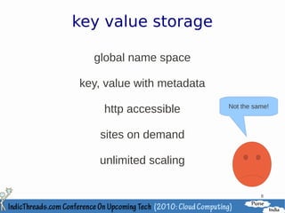 key value storage

  global name space

key, value with metadata

    http accessible        Not the same!



   sites on demand

   unlimited scaling

                                     8
 