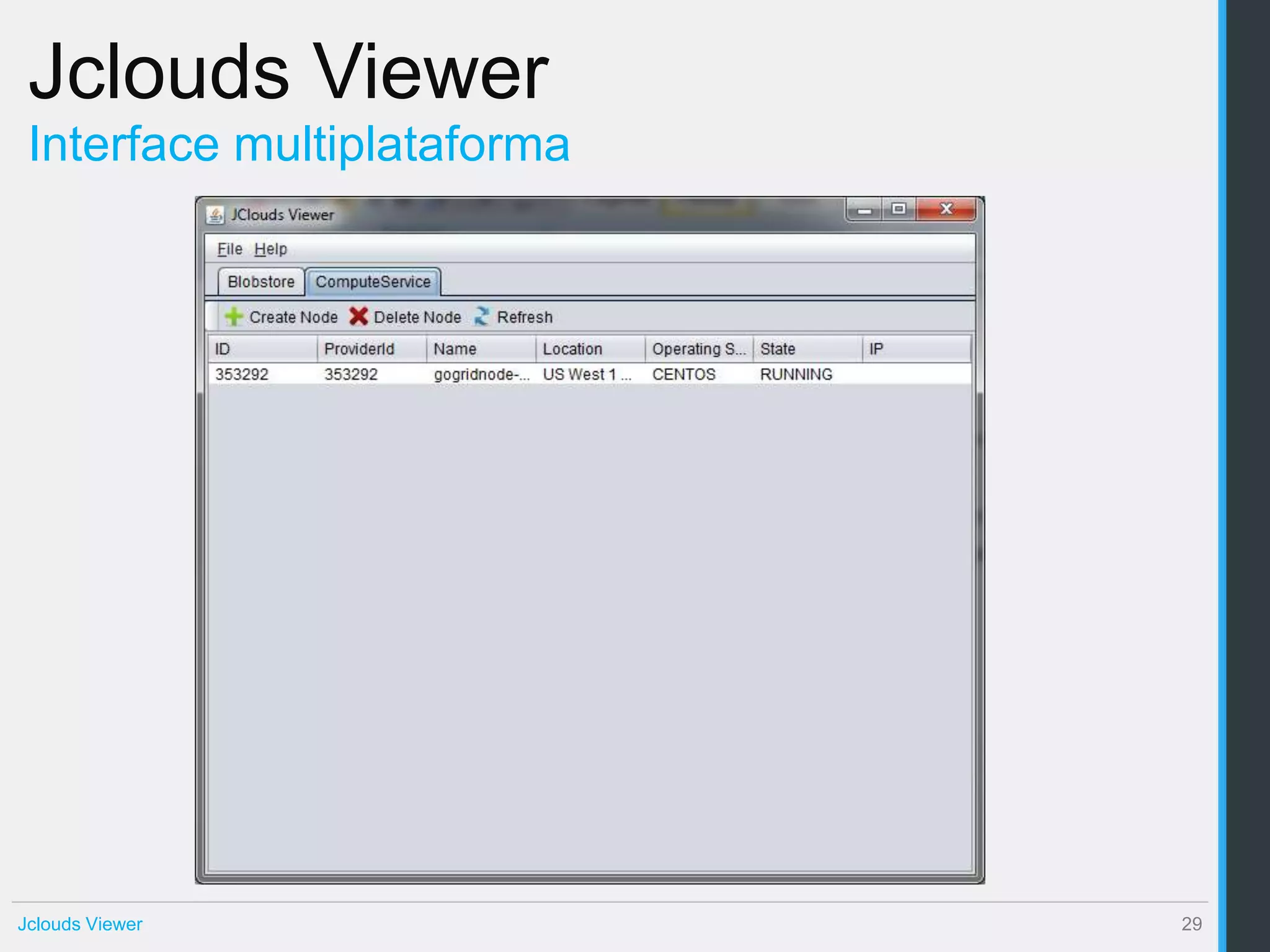 Jclouds Viewer
 Interface multiplataforma




Jclouds Viewer               29
 