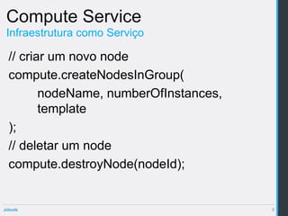 Compute Service
 Infraestrutura como Serviço

  // criar um novo node
  compute.createNodesInGroup(
         nodeName, numberOfInstances,
         template
  );
  // deletar um node
  compute.destroyNode(nodeId);


Jclouds                                 9
 