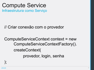 Compute Service
 Infraestrutura como Serviço



    // Criar conexão com o provedor

    ComputeServiceContext context = new
       ComputeServiceContextFactory().
       createContext(
            provedor, login, senha
    );
Jclouds                                   7
 