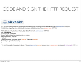 CODE AND SIGN THE HTTP REQUEST


GET /ws/IMFS/GetStorageNodeExtended.ashx?&ﬁleOverwrite=true&ipRestricted=true&destFolderPath= adriansmovies&sizeBytes=
734859264&ﬁrstByteExpiration=6000&lastByteExpiration=259200&sessionToken=session-token HTTP/1.1

POST /Upload.ashx?uploadToken=from_above&destFolderPath=adriansmovies HTTP/1.1
Host: from_above
Content-Length: 734859382
Content-Type=multipart/form-data; boundary=--jclouds--
Authorization=Basic GpjbG9=
----jclouds--
Content-Disposition: form-data; name="sushi.avi"; ﬁlename="sushi.avi"
Content-Type: application/octetstring
...

PUT /ws/Metadata/SetMetadata.ashx?&path=Folders/adriansmovies/sushi.avi&sessionToken=session-token&metadata=Chef:Kawasaki HTTP/1.1




Monday, July 12, 2010                                                                                                                14
 