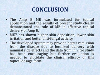 CONCLUSION
• The Amp B ME was formulated for topical
application and the results of present study clearly
demonstrated the role of ME in effective topical
delivery of Amp B.
• ME7 has shown higher skin deposition, lower skin
irritation and better anti-fungal activity.
• The developed system may provide better remission
from the disease due to localized delivery with
minimal side effects and the data from in vitro study
has been encouraging but further evaluation is
needed to elucidate the clinical efficacy of this
topical dosage form.
 