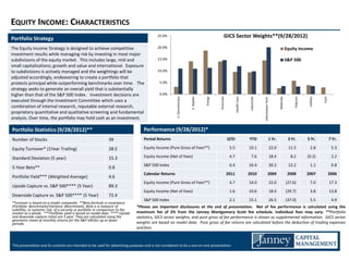 EQUITY INCOME: CHARACTERISTICS
Portfolio Strategy
                                                                                           25.0%                                                        GICS Sector Weights**(9/28/2012)

The Equity Income Strategy is designed to achieve competitive                              20.0%                                                                                                                                   Equity Income
investment results while managing risk by investing in most major
subdivisions of the equity market. This includes large, mid and                            15.0%                                                                                                                                   S&P 500
small capitalizations; growth and value and international. Exposure
to subdivisions is actively managed and the weightings will be                             10.0%
adjusted accordingly, endeavoring to create a portfolio that
protects principal while outperforming benchmarks over time. The                            5.0%
strategy seeks to generate an overall yield that is substantially
higher than that of the S&P 500 Index. Investment decisions are                             0.0%




                                                                                                                                                                                                                                                             Cash
                                                                                                                                                                                                                                       Telecom
                                                                                                                                       Energy



                                                                                                                                                Financials



                                                                                                                                                                    Health Care




                                                                                                                                                                                                Information Tech.



                                                                                                                                                                                                                       Materials
                                                                                                                                                                                  Industrials
                                                                                                       C. Discretionary



                                                                                                                          C. Staples




                                                                                                                                                                                                                                                 Utilities
executed through the Investment Committee which uses a
combination of internal research, reputable external research,
proprietary quantitative and qualitative screening and fundamental
analysis. Over time, the portfolio may hold cash as an investment.

Portfolio Statistics (9/28/2012)**                                                  Performance (9/28/2012)*
Number of Stocks                                               39                   Period Returns                                                           QTD                  YTD                          1 Yr.                3 Yr.        5 Yr.              7 Yr.

Equity Turnover* (1Year Trailing)                              28.5                 Equity Income (Pure Gross of Fees**)                                      5.5                 10.1                          22.0                11.5            2.8              5.3

Standard Deviation (5 year)                                    15.3                 Equity Income (Net of Fees)                                               4.7                    7.6                        18.4                 8.2         (0.2)               2.2

                                                                                    S&P 500 Index                                                             6.4                 16.4                          30.2                13.2            1.1              0.8
5-Year Beta**                                                  0.8
                                                                                    Calendar Returns                                                         2011                 2010                      2009                    2008         2007               2006
Portfolio Yield*** (Weighted Average)                          4.6
                                                                                    Equity Income (Pure Gross of Fees**)                                      4.7                 14.0                          22.0               (27.6)           7.0             17.3
Upside Capture vs. S&P 500**** (5 Year)                        89.3
                                                                                    Equity Income (Net of Fees)                                               1.6                 10.6                          18.4               (29.7)           3.8             13.8
Downside Capture vs. S&P 500**** (5 Year)                      72.4
                                                                                    S&P 500 Index                                                             2.1                 15.1                          26.5               (37.0)           5.5              4.9
*Turnover is based on a model composite. **Beta formula is covariance
(Portfolio: Benchmark)/Variance (Benchmark). Beta is a measure of               *Please see important disclosures at the end of presentation. Net of fee performance is calculated using the
volatility, or systemic risk, of a security or portfolio in comparison to the
market as a whole. ***Portfolio yield is based on model data. **** Upside       maximum fee of 3% from the Janney Montgomery Scott fee schedule. Individual fees may vary. **Portfolio
and downside capture ratios are 5 year. They are calculated using the           statistics, GICS sector weights, and pure gross of fee performance is shown as supplemental information. GICS sector
geometric mean of monthly returns for the S&P 500 for up or down
periods.                                                                        weights are based on model data. Pure gross of fee returns are calculated before the deduction of trading expenses
                                                                                and fees.



This presentation and its contents are intended to be used for advertising purposes and is not considered to be a one-on-one presentation.
 
