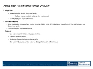 ACTIVE INDEX FIXED INCOME STRATEGY OVERVIEW
• Objective
           – Seek predictable returns and stable values
                      • The fixed income market is not a risk-free environment
           – Seek highest yield adjusted for taxes
• Investment Style
       – Diversified basket of taxable fixed income Exchange-Traded Funds (ETFs), Exchange-Traded Notes (ETNs) and/or Open- and
         Closed-end funds.
       – Provides liquidity and taxable income
• Process
           – Use economic analysis to identify opportunities
           – Establish duration targets
           – Seek diversification by issuer and geography
           – Buy or sell individual securities based on strategic framework defined above




This presentation and its contents are intended to be used for advertising purposes and is not considered to be a one-on-one presentation.
 