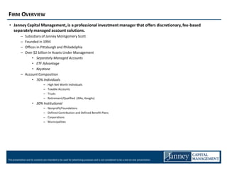 FIRM OVERVIEW
 • Janney Capital Management, is a professional investment manager that offers discretionary, fee-based
   separately managed account solutions.
            – Subsidiary of Janney Montgomery Scott
            – Founded in 1994
            – Offices in Pittsburgh and Philadelphia
            – Over $2 billion in Assets Under Management
                   • Separately Managed Accounts
                   • ETF Advantage
                   • Keystone
            – Account Composition
                   • 70% Individuals
                                  –   High Net Worth Individuals
                                  –   Taxable Accounts
                                  –   Trusts
                                  –   Retirement/Qualified (IRAs, Keoghs)
                       • 30% Institutional
                                  –   Nonprofit/Foundations
                                  –   Defined Contribution and Defined Benefit Plans
                                  –   Corporations
                                  –   Municipalities




This presentation and its contents are intended to be used for advertising purposes and is not considered to be a one-on-one presentation.
 