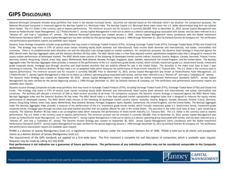 GIPS DISCLOSURES
 National Municipal Composite includes wrap portfolios that invest in tax exempt municipal bonds. Securities are selected based on the individual client’s tax situation. For comparison purposes, the
 National Municipal Composite is measured against the Barclays Capital U.S. Municipal Index. The Barclays Capital U.S. Municipal Bond Index covers the U.S. dollar denominated long term tax exempt
 bond market. The U.S. Dollar is the currency used to express performance. The minimum account size for inclusion is currently $60,000. Prior to December 31, 2012, Janney Capital Management was
 known as Parker/Hunter Asset Management, LLC (“Parker/Hunter”). Janney Capital Management is held out to clients as a distinct operating group associated with Janney and has been referred to as a
 “division of”, and now a “subsidiary of”, Janney. The National Municipal Composite was created January 1, 1999. Janney Capital Management claims compliance with the Global Investment
 Performance Standards (GIPS®). Janney Capital Management has been verified for the period beginning January 1, 1999 through December 31, 2011 by Ashland Partners & Company LLP. The verification
 and performance examination reports are available upon request.
 Dynamic Asset Strategy Composite includes wrap portfolios that may invest in Exchange Traded Products (ETPs), including Exchange Traded Funds (ETFs), Exchange Traded Notes (ETNs) and Closed End
 Funds. The strategy may invest in ETPs of various asset classes including equity (both domestic and international), fixed income (both domestic and international), real estate, commodities and
 currencies. There is no predetermined asset allocation mix and the allocation may change based on market conditions. For comparison purposes, the Dynamic Asset Strategy is measured against the
 MSCI World Index, Barclays Aggregate Index and the Salomon Brothers 90 Day Index. The MSCI World Index is a free float-adjusted market capitalization weighted index that is designed to measure the
 equity market performance of developed markets. The MSCI World Index consists of the following 24 developed market country indices: Australia, Austria, Belgium, Canada, Denmark, Finland, France,
 Germany, Greece, Hong Kong, Ireland, Israel, Italy, Japan, Netherlands, New Zealand, Norway, Portugal, Singapore, Spain, Sweden, Switzerland, the United Kingdom, and the United States. The Barclays
 Aggregate Index The Barclays Aggregate Index provides a measure of the performance of the U.S. investment grade bonds market, which includes investment grade U.S. Government bonds, investment
 grade corporate bonds, mortgage pass-through securities and asset-backed securities that are publicly offered for sale in the United States. The securities in the Index must have at least 1 year
 remaining to maturity. The Salomon Brothers 90 Day Index is an un-weighted index which measures the performance of three-month maturity U.S. Treasury Bills. The U.S. Dollar is the currency used to
 express performance. The minimum account size for inclusion is currently $60,000. Prior to December 31, 2012, Janney Capital Management was known as Parker/Hunter Asset Management, LLC
 (“Parker/Hunter”). Janney Capital Management is held out to clients as a distinct operating group associated with Janney and has been referred to as a “division of”, and now a “subsidiary of”, Janney.
 The Dynamic Asset Strategy was created on September 30, 2010. Janney Capital Management claims compliance with the Global Investment Performance Standards (GIPS®). Janney Capital
 Management has been verified for the period beginning January 1, 1999 through December 31, 2011 by Ashland Partners & Company LLP. The verification and performance examination reports are
 available upon request.
 Dynamic Income Strategy Composite includes wrap portfolios that may invest in Exchange Traded Products (ETPs), including Exchange Traded Funds (ETFs), Exchange Traded Notes (ETNs) and Closed End
 Funds. The strategy may invest in ETPs of various asset classes including equity (both domestic and international), fixed income (both domestic and international), real estate, commodities and
 currencies. The portfolio will allocate a minimum of 50% to fixed income securities at all times. For comparison purposes, the Dynamic Income Strategy is measured against the MSCI World Index,
 Barclays Aggregate Index and the Salomon Brothers 90 Day Index. The MSCI World Index is a free float-adjusted market capitalization weighted index that is designed to measure the equity market
 performance of developed markets. The MSCI World Index consists of the following 24 developed market country indices: Australia, Austria, Belgium, Canada, Denmark, Finland, France, Germany,
 Greece, Hong Kong, Ireland, Israel, Italy, Japan, Netherlands, New Zealand, Norway, Portugal, Singapore, Spain, Sweden, Switzerland, the United Kingdom, and the United States. The Barclays Aggregate
 Index The Barclays Aggregate Index provides a measure of the performance of the U.S. investment grade bonds market, which includes investment grade U.S. Government bonds, investment grade
 corporate bonds, mortgage pass-through securities and asset-backed securities that are publicly offered for sale in the United States. The securities in the Index must have at least 1 year remaining to
 maturity. The Salomon Brothers 90 Day Index is an un-weighted index which measures the performance of three-month maturity U.S. Treasury Bills. The U.S. Dollar is the currency used to express
 performance. The U.S. Dollar is the currency used to express performance. The minimum account size for inclusion is currently $60,000. Prior to December 31, 2012, Janney Capital Management was
 known as Parker/Hunter Asset Management, LLC (“Parker/Hunter”). Janney Capital Management is held out to clients as a distinct operating group associated with Janney and has been referred to as a
 “division of”, and now a “subsidiary of”, Janney. The Dynamic Income Strategy was created on September 30, 2010. Janney Capital Management claims compliance with the Global Investment
 Performance Standards (GIPS®). Janney Capital Management has been verified for the period beginning January 1, 1999 through December 31, 2011 by Ashland Partners & Company LLP. The verification
 and performance examination reports are available upon request.
 PHAM is a division of Janney Montgomery Scott LLC, a registered investment advisor under the Investment Advisers Act of 1940. PHAM is held out to all clients and prospective
 clients as a distinct division of Janney Montgomery Scott LLC.
 The requirements of the GIPS standards are applied on a firm-wide basis. The firm maintains a complete list and description of composites, which is available upon request.
 Requests may be made by calling 412.562.8100.
 Past performance is not indicative nor a guarantee of future performance. The performance of any individual portfolio may not be considered comparable to the Composite
 performance.



This presentation and its contents are intended to be used for advertising purposes and is not considered to be a one-on-one presentation.
 