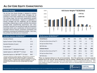 ALL CAP CORE EQUITY: CHARACTERISTICS
Portfolio Strategy                                                                         25.0%                                                  GICS Sector Weights**(9/28/2012)
The All Cap Core Equity Strategy is designed to achieve                                    20.0%                                                                                                                                    All Cap
competitive investment results while managing risk by
investing in most major subdivisions of the equity markets.                                15.0%                                                                                                                                    S&P 500
This includes large, mid and small capitalizations; growth
and value and international. Exposure to subdivisions is                                   10.0%
actively managed and the weightings will be adjusted
accordingly, endeavoring to create a portfolio that protects                                5.0%
principal while outperforming benchmarks over time.
Investment decisions are executed through the Investment                                    0.0%
Committee which uses a combination of internal research,




                                                                                                                                                                                                                                           Telecom




                                                                                                                                                                                                                                                                    Cash
                                                                                                                                      Energy



                                                                                                                                               Financials




                                                                                                                                                                                     Industrials




                                                                                                                                                                                                                       Materials
                                                                                                                                                                    Health Care
                                                                                                      C. Discretionary



                                                                                                                         C. Staples




                                                                                                                                                                                                   Information Tech.




                                                                                                                                                                                                                                                       Utilities
reputable external research, proprietary quantitative and
qualitative screening and fundamental analysis. Over time,
the portfolio may hold cash as an investment.

Portfolio Statistics (9/28/2012)**                                                Performance (9/28/2012)**
Number of Stocks                                               43                 Period Returns                                                            QTD                   YTD                 1 Yr.                        3 Yr.             5 Yr.         10-Year

Equity Turnover* (1Year Trailing)                              17.6               All Cap Core (Pure Gross of Fees**)                                        7.0                  12.6                  25.2                       12.6               1.1                  9.8

Standard Deviation (5 year)                                    21.0               All Cap Core (Net of Fees)                                                 6.2                  10.1                  21.5                        9.3              (1.9)                 6.5

                                                                                  S&P 500 Index                                                              6.4                  16.4                  30.2                       13.2               1.1                  8.0
5-Year Beta**                                                  0.9
                                                                                  Calendar Returns                                                          2011                  2010              2009                           2008              2007            2006
Portfolio Yield*** (Weighted Average)                          2.2
                                                                                  All Cap Core (Pure Gross of Fees**)                                        2.6                  17.1                  27.6                  (37.3)                 10.2             18.2
Upside Capture vs. S&P 500**** (5 Year)                        98.4
                                                                                  All Cap Core (Net of Fees)                                                (0.4)                 13.7                  23.9                  (39.1)                  7.0             14.7
Downside Capture vs. S&P 500**** (5 Year)                      98.0
                                                                                  S&P 500 Index                                                              2.1                  15.1                  26.5                  (37.0)                  5.5             15.8
*Turnover is based on a model composite. **Beta formula is covariance
(Portfolio: Benchmark)/Variance (Benchmark). Beta is a measure of               *Please see important disclosures at the end of presentation. Net of fee performance is calculated using the
volatility, or systemic risk, of a security or portfolio in comparison to the
market as a whole. ***Portfolio yield is based on model data. **** Upside       maximum fee of 3% from the Janney Montgomery Scott fee schedule. Individual fees may vary. **Portfolio
and downside capture ratios are 5 year. They are calculated using the           statistics, GICS sector weights, and pure gross of fee performance is shown as supplemental information. GICS
geometric mean of monthly returns for the S&P 500 for up or down
periods.                                                                        sector weights are based on model data. Pure gross of fee returns are calculated before the deduction of trading
                                                                                expenses and fees.


This presentation and its contents are intended to be used for advertising purposes and is not considered to be a one-on-one presentation.
 