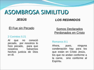 JESÙS Él Fue sin Pecado 2 Corintios 5:21  Al que no conoció pecado,  por nosotros lo hizo pecado,  para que nosotros fuésemos hechos justicia de Dios en él. LOS REDIMIDOS Somos Declarados Perdonados en Cristo Romanos 8:1  Ahora,  pues,  ninguna condenación hay para los que están en Cristo Jesús,  los que no andan conforme a la carne,  sino conforme al Espíritu. ASOMBROSA SIMILITUD 