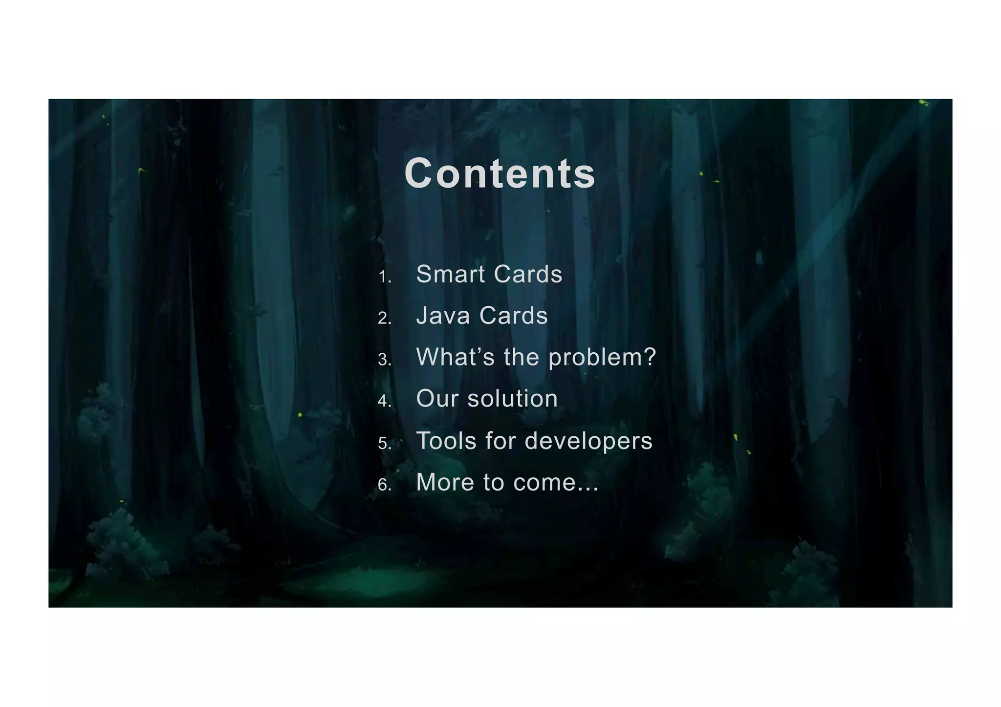 Contents 1.  Smart Cards 2.  Java Cards 3.  What’s the problem? 4.  Our solution 5.  Tools for developers 6.  More to come... 