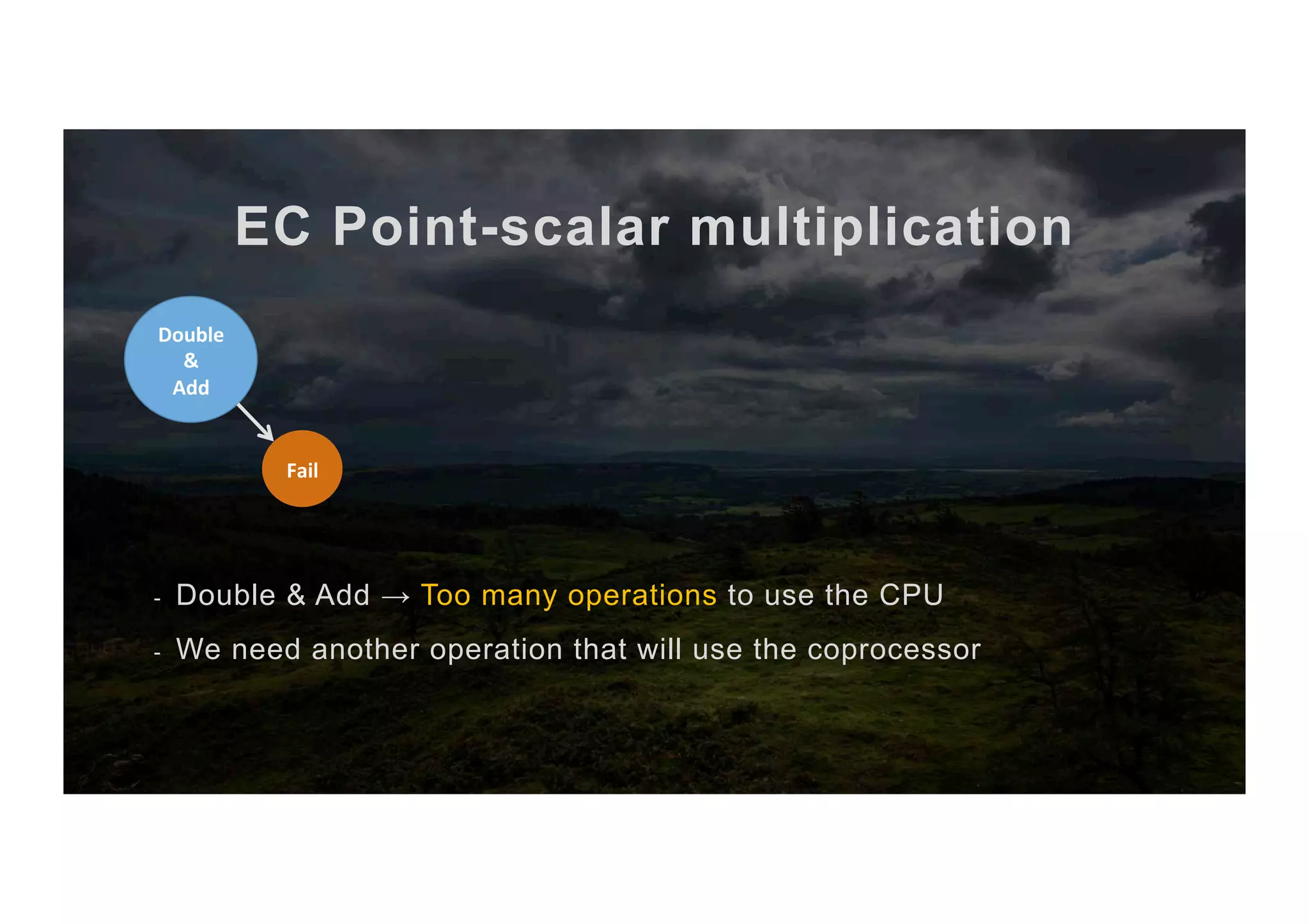 EC Point-scalar multiplication -  Double & Add → Too many operations to use the CPU -  We need another operation that will use the coprocessor Fail Double & Add 