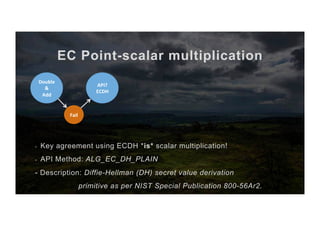 EC Point-scalar multiplication
-  Key agreement using ECDH *is* scalar multiplication!
-  API Method: ALG_EC_DH_PLAIN
- Description: Diffie-Hellman (DH) secret value derivation
primitive as per NIST Special Publication 800-56Ar2.
API?	
ECDH	
Fail	
Double	
&	
Add	
 
