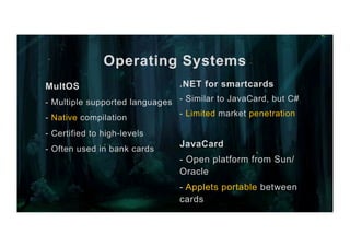 Operating Systems
.NET for smartcards
- Similar to JavaCard, but C#
- Limited market penetration
JavaCard
- Open platform from Sun/
Oracle
- Applets portable between
cards
MultOS
- Multiple supported languages
- Native compilation
- Certified to high-levels
- Often used in bank cards
 