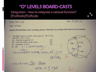 “O” LEVELS BOARD-CASTS
Integration - How to integrate a rational function?
∫f′(x)f(x)dx∫f′(x)f(x)dx
 