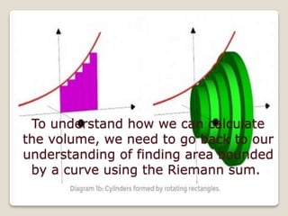 To understand how we can calculate
the volume, we need to go back to our
understanding of finding area bounded
by a curve using the Riemann sum.
 