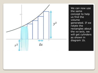 We can now use
the same
concept to help
us find the
volume
generated. If we
rotate the
rectangles about
the xx-axis, we
will get cylinders
as shown in
diagram 1b.
 