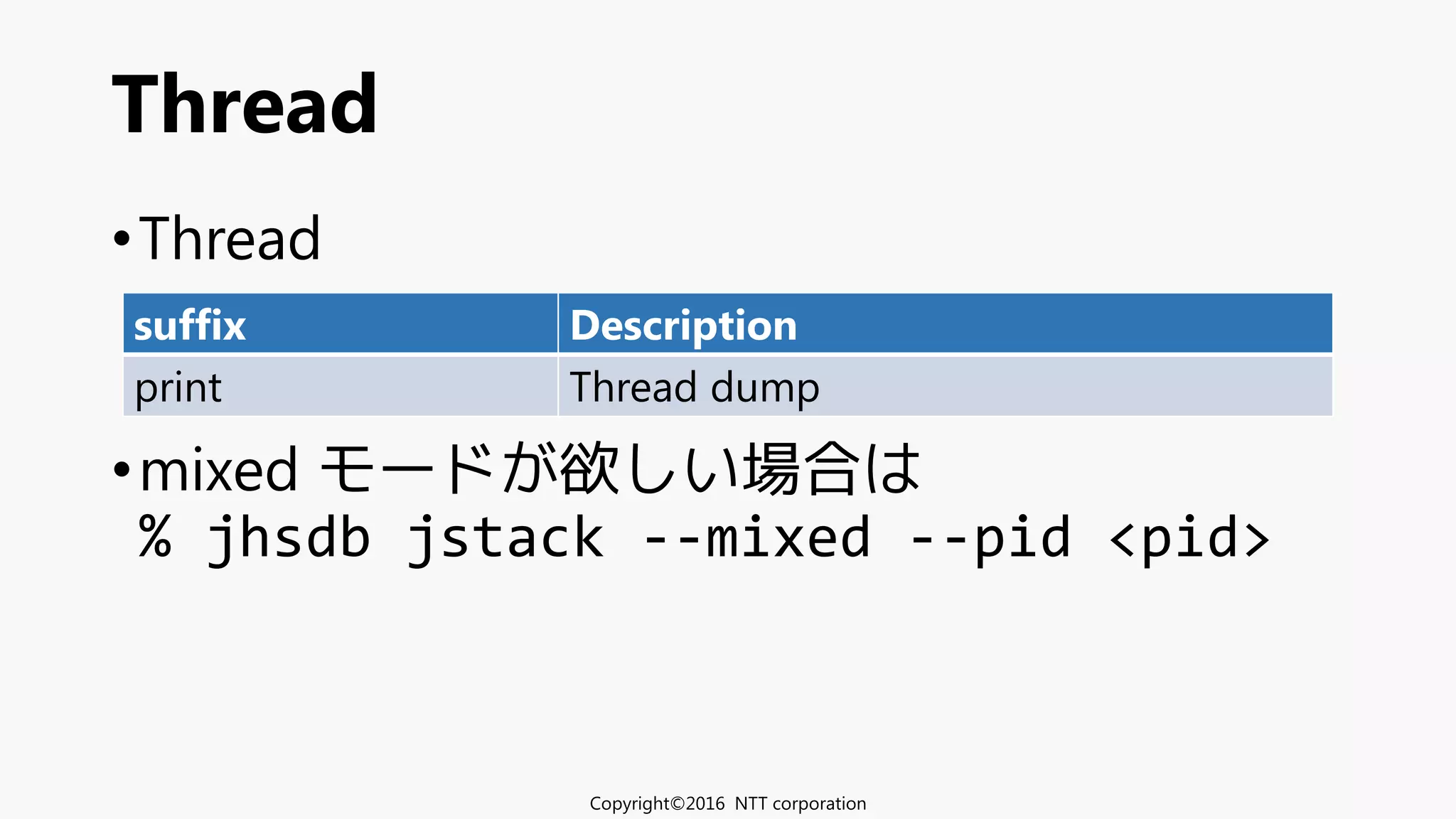 •Thread
•mixed モードが欲しい場合は
% jhsdb jstack --mixed --pid <pid>
Thread
suffix Description
print Thread dump
Copyright©2016 NTT corporation
 