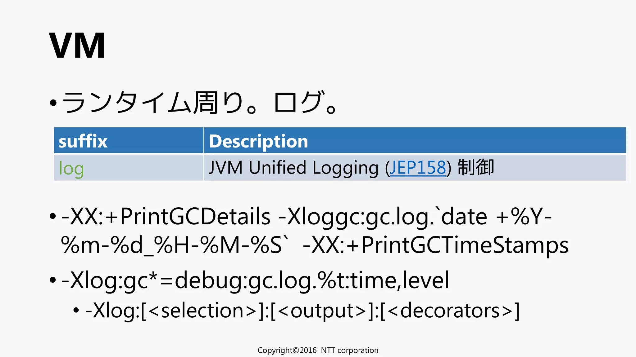 •ランタイム周り。ログ。
• -XX:+PrintGCDetails -Xloggc:gc.log.`date +%Y-
%m-%d_%H-%M-%S` -XX:+PrintGCTimeStamps
• -Xlog:gc*=debug:gc.log.%t:time,level
• -Xlog:[<selection>]:[<output>]:[<decorators>]
VM
suffix Description
log JVM Unified Logging (JEP158) 制御
Copyright©2016 NTT corporation
 