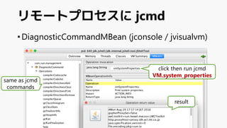 Copyright©2016 NTT corporation
• DiagnosticCommandMBean (jconsole / jvisualvm)
リモートプロセスに jcmd
same as jcmd
commands
click then run jcmd
VM.system_properties
result
 