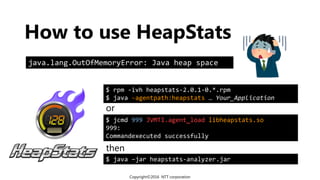 $ jcmd 999 JVMTI.agent_load libheapstats.so
999:
Commandexecuted successfully
or
java.lang.OutOfMemoryError: Java heap space
$ java –jar heapstats-analyzer.jar
$ rpm -ivh heapstats-2.0.1-0.*.rpm
$ java -agentpath:heapstats … Your_Application
then
How to use HeapStats
Copyright©2016 NTT corporation
 