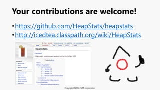 •https://github.com/HeapStats/heapstats
•http://icedtea.classpath.org/wiki/HeapStats
Your contributions are welcome!
Copyright©2016 NTT corporation
 