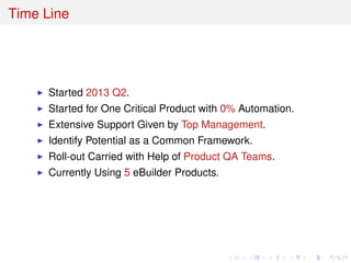 Time Line
Started 2013 Q2.
Started for One Critical Product with 0% Automation.
Extensive Support Given by Top Management.
Identify Potential as a Common Framework.
Roll-out Carried with Help of Product QA Teams.
Currently Using 5 eBuilder Products.
 