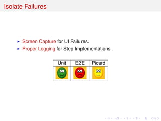 Isolate Failures
Screen Capture for UI Failures.
Proper Logging for Step Implementations.
Unit E2E Picard
 