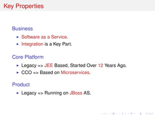 Key Properties
Business
Software as a Service.
Integration is a Key Part.
Core Platform
Legacy => JEE Based, Started Over 12 Years Ago.
CCO => Based on Microservices.
Product
Legacy => Running on JBoss AS.
 