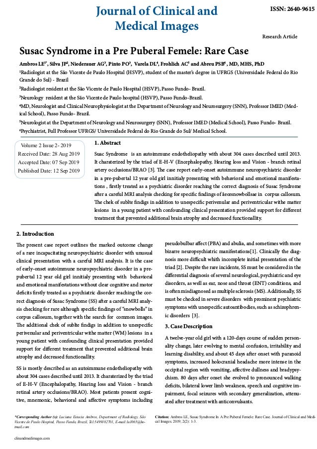 Susac Syndrome in a Pre Puberal Femele Rare Case PDF