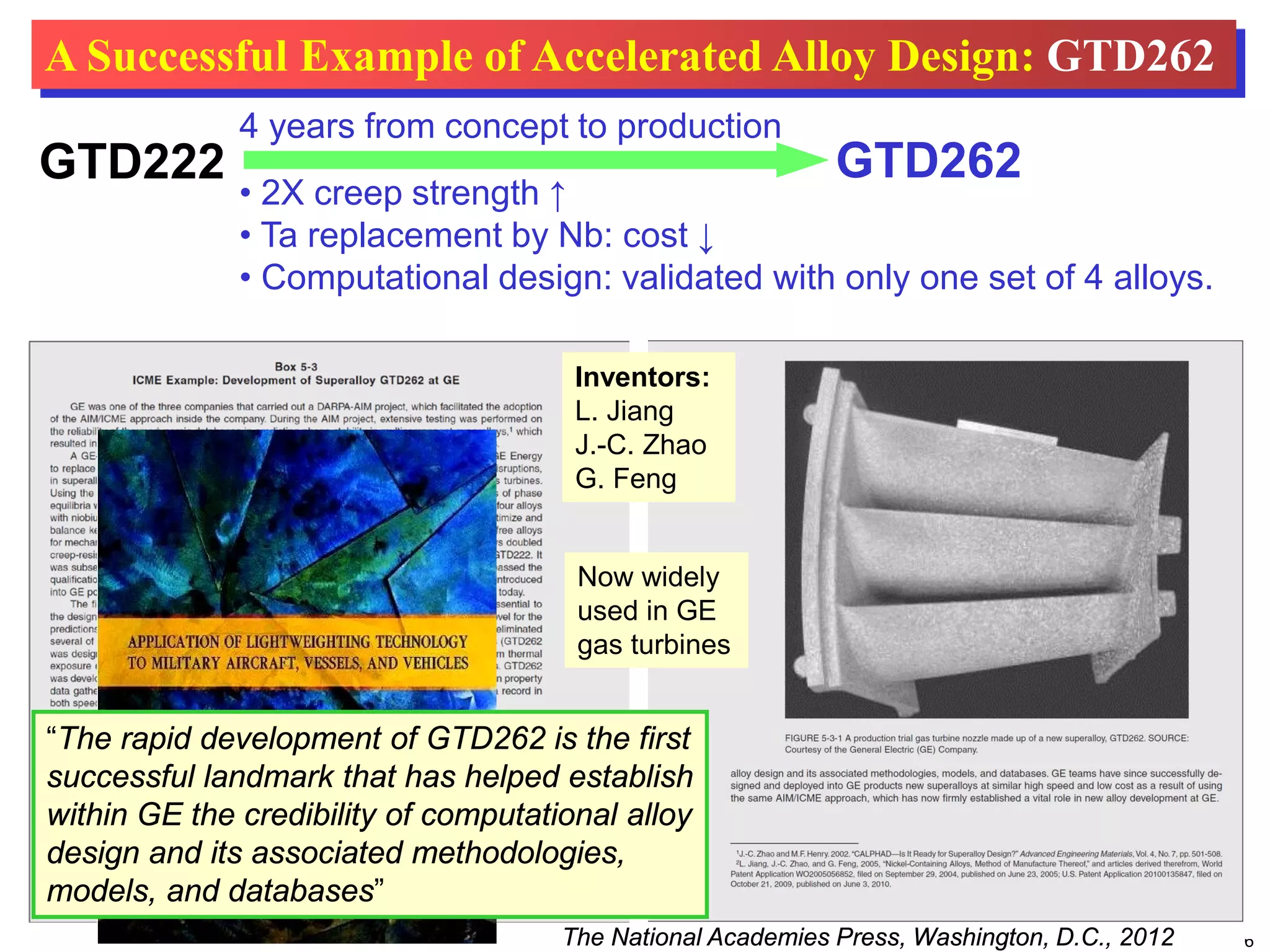 6The National Academies Press, Washington, D.C., 2012
GTD222 GTD262
4 years from concept to production
• 2X creep strength ↑
• Ta replacement by Nb: cost ↓
• Computational design: validated with only one set of 4 alloys.
Now widely
used in GE
gas turbines
A Successful Example of Accelerated Alloy Design: GTD262
“The rapid development of GTD262 is the first
successful landmark that has helped establish
within GE the credibility of computational alloy
design and its associated methodologies,
models, and databases”
Inventors:
L. Jiang
J.-C. Zhao
G. Feng
 